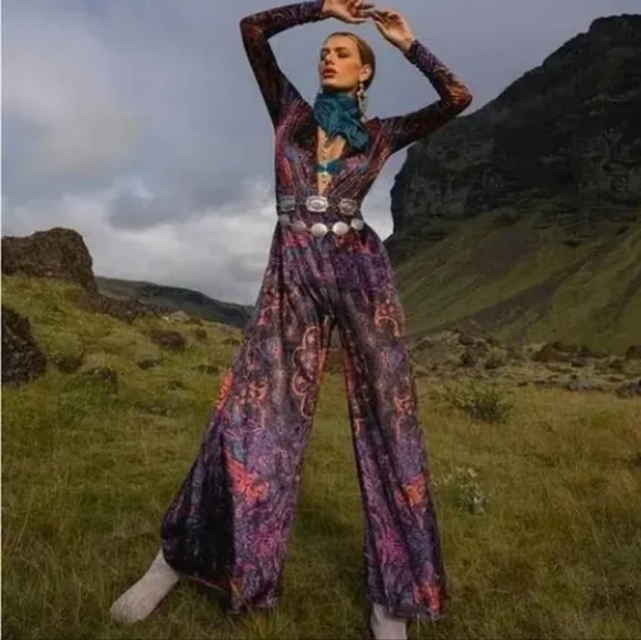 NWT FP Giselle Velvet Stretchy Wide Leg Jumpsuit Dark Combo Xs - Picture 9 of 17